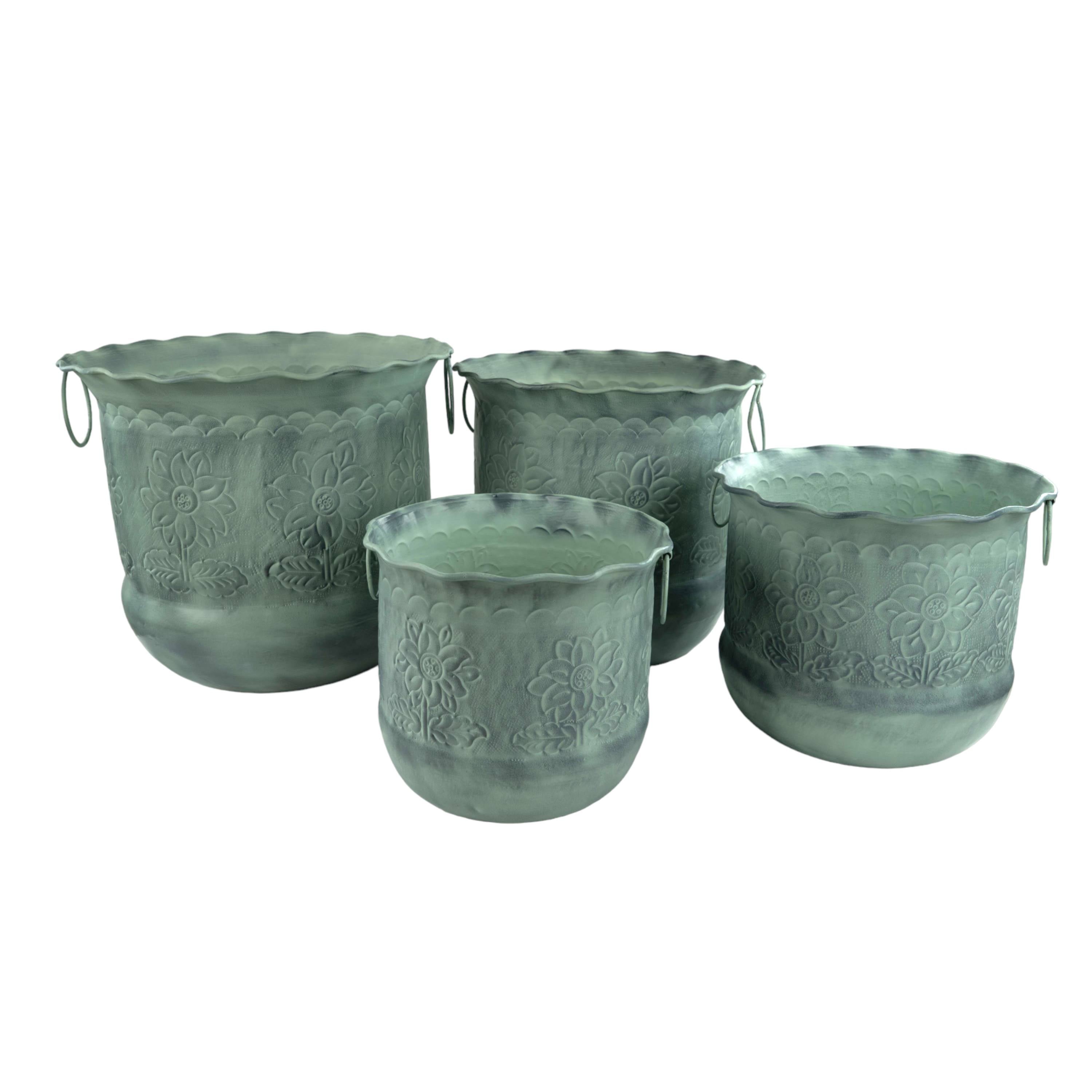 Planter Etched Green Patina Floral