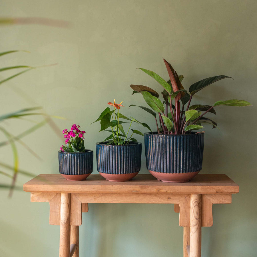 Fluted Blue Ceramic Round Pot