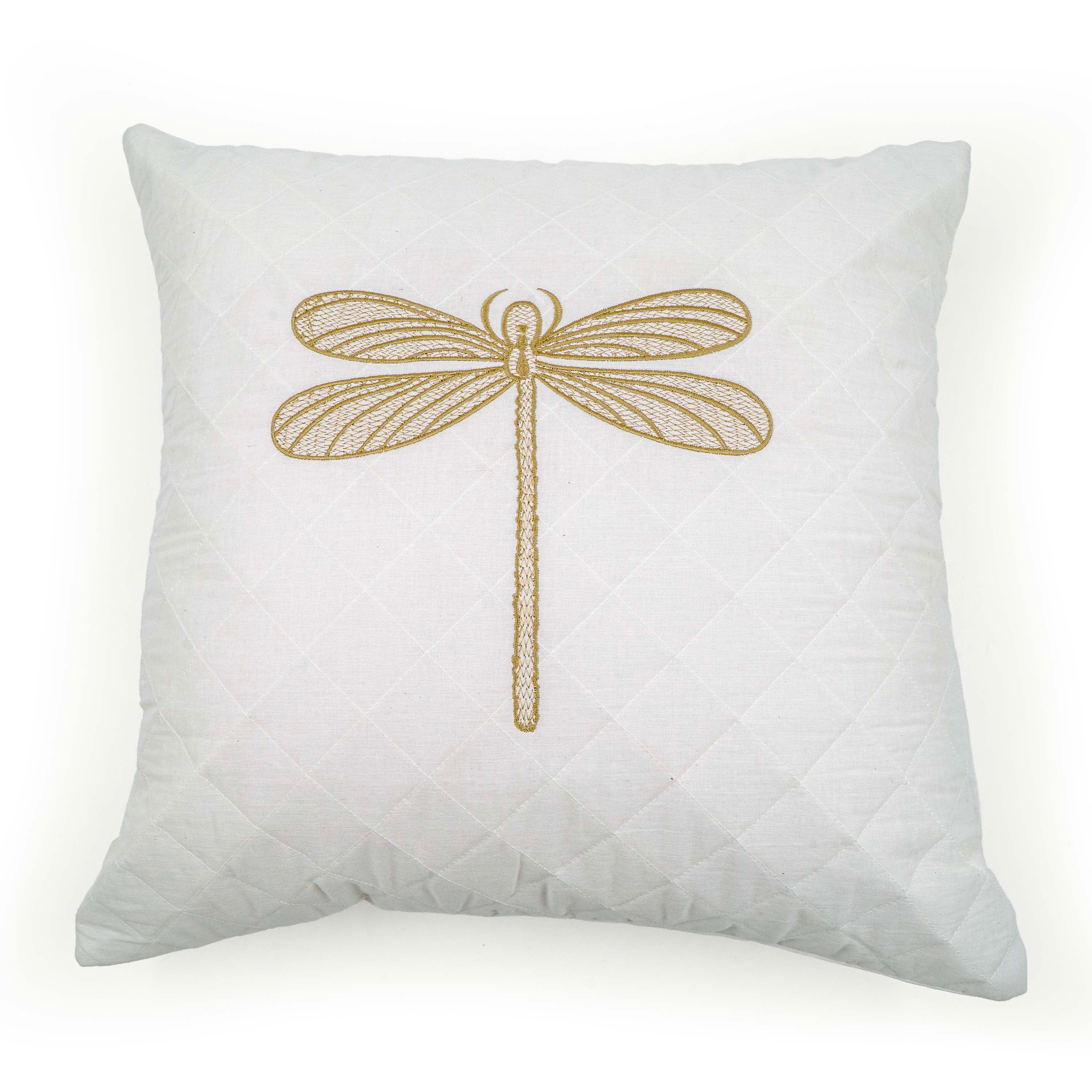 Embroidered Quilted Dragonfly Motif Cushion Cover