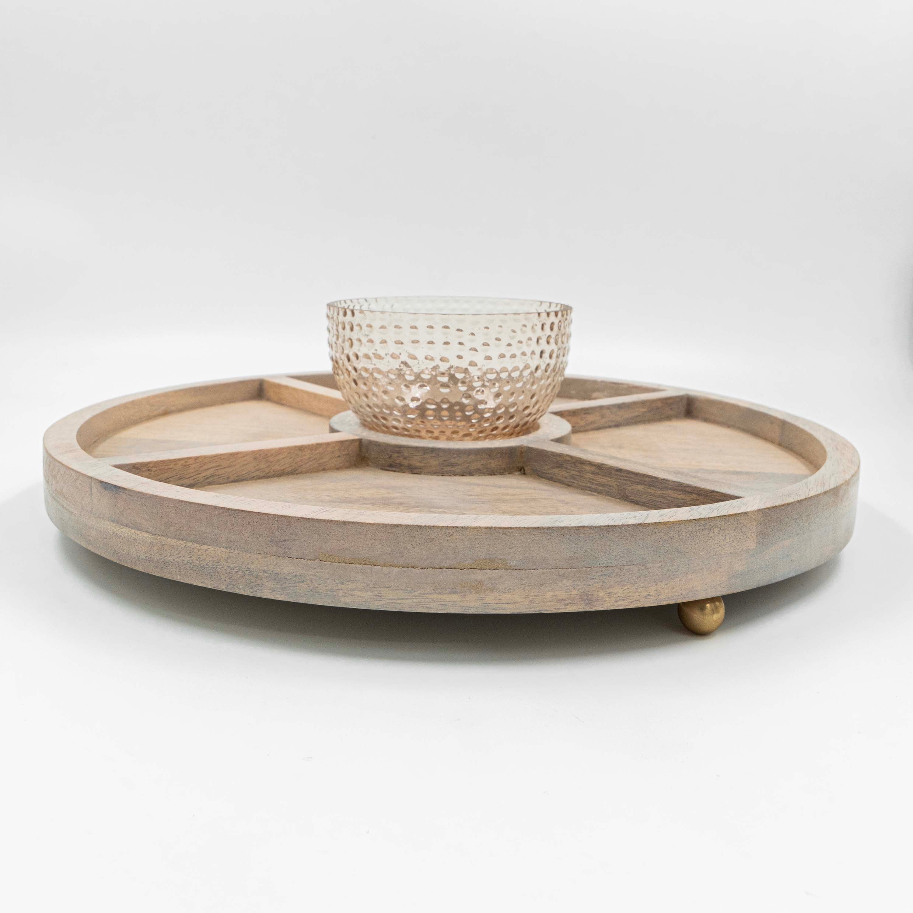 Segmented Glass Bowl With Wooden Serving Tray