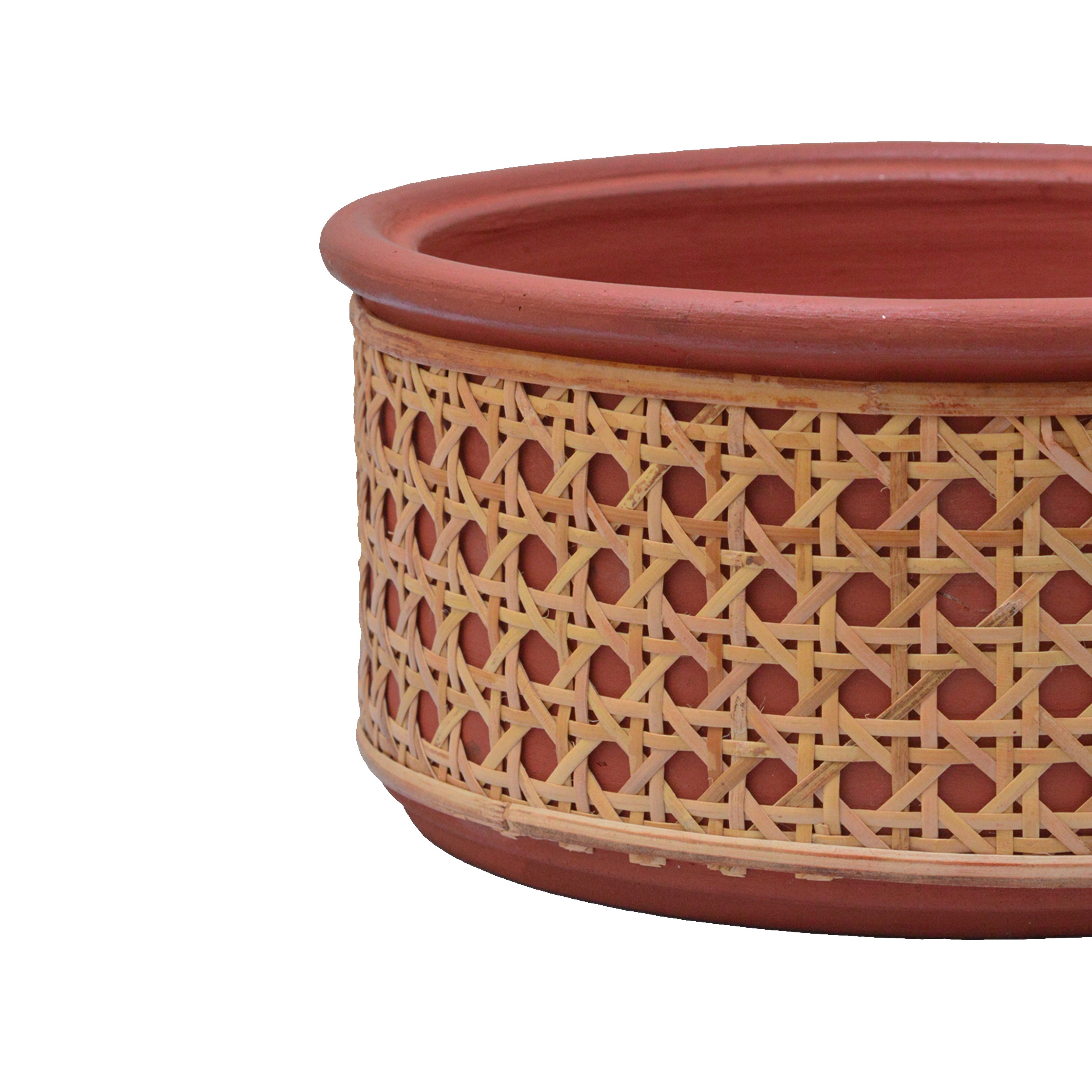 Terracotta Flat Planter with Tight Rattan Weave