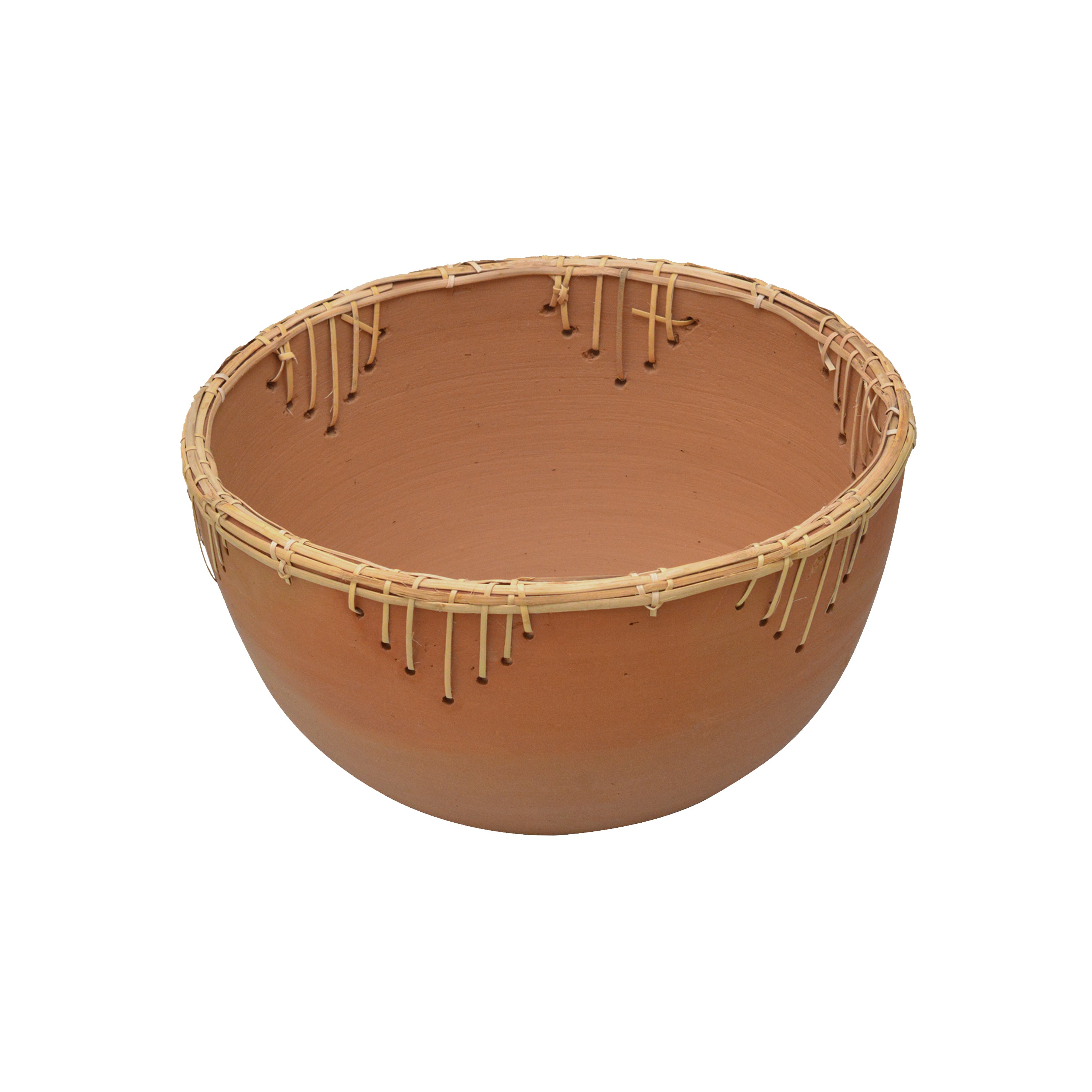 Natural Terracotta Round Bowl with Rattan Weave