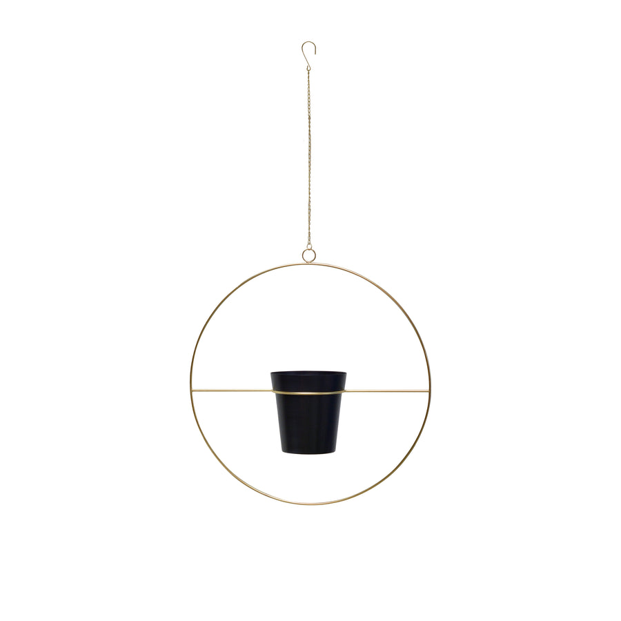 Brass Finish Hanging Planter with Black Pot