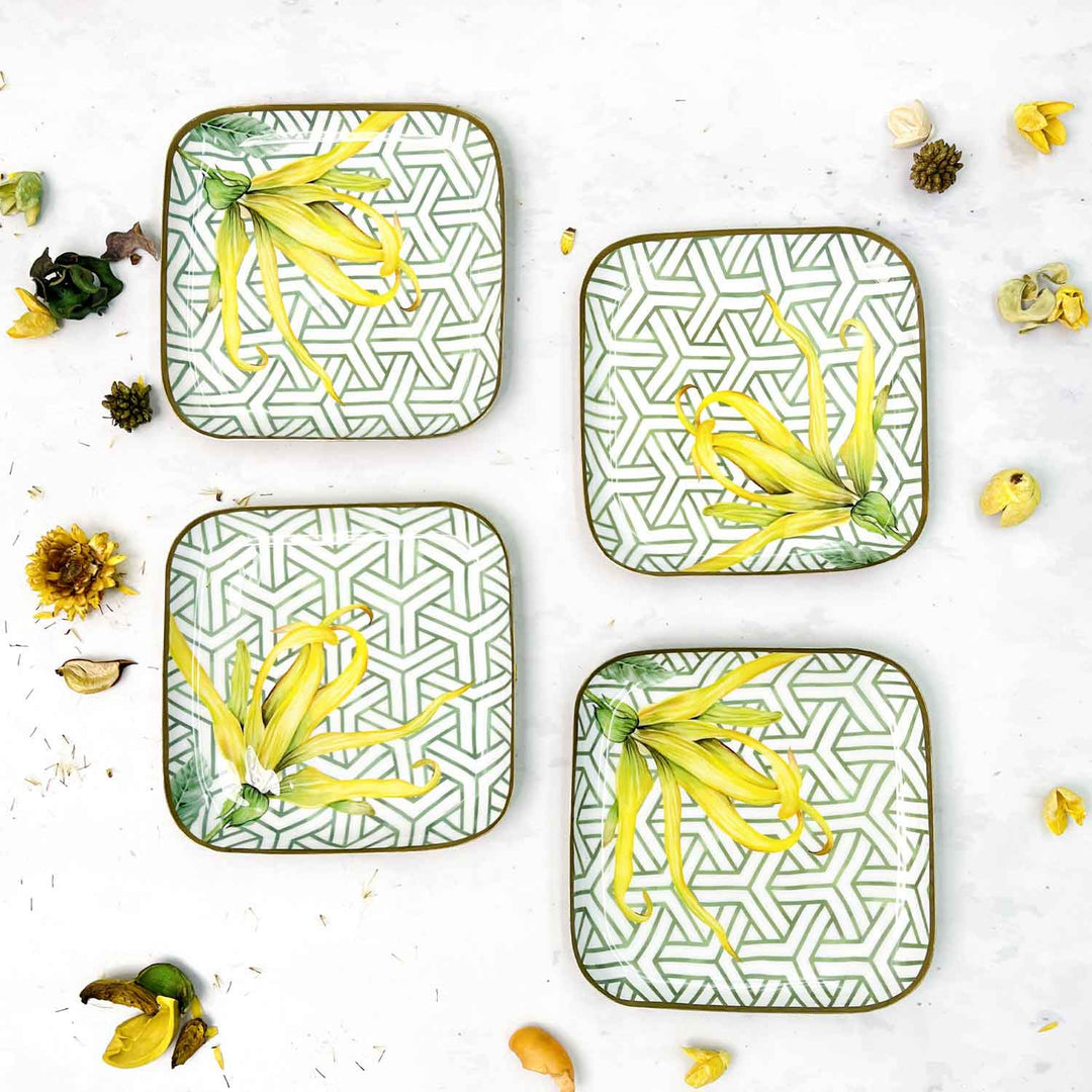 Square Quarter Plates Set of 4 Borneo Botanicals Citrine