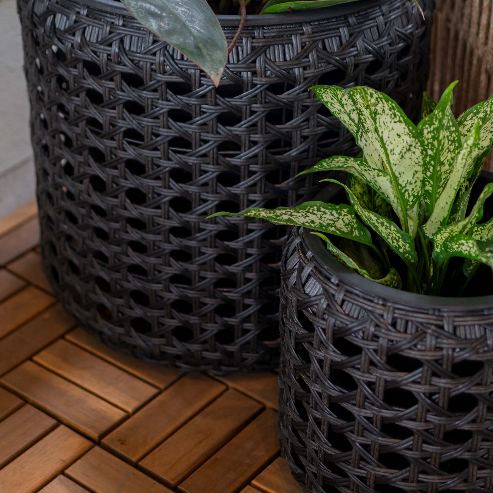 Flat Wicker Round Planter Black