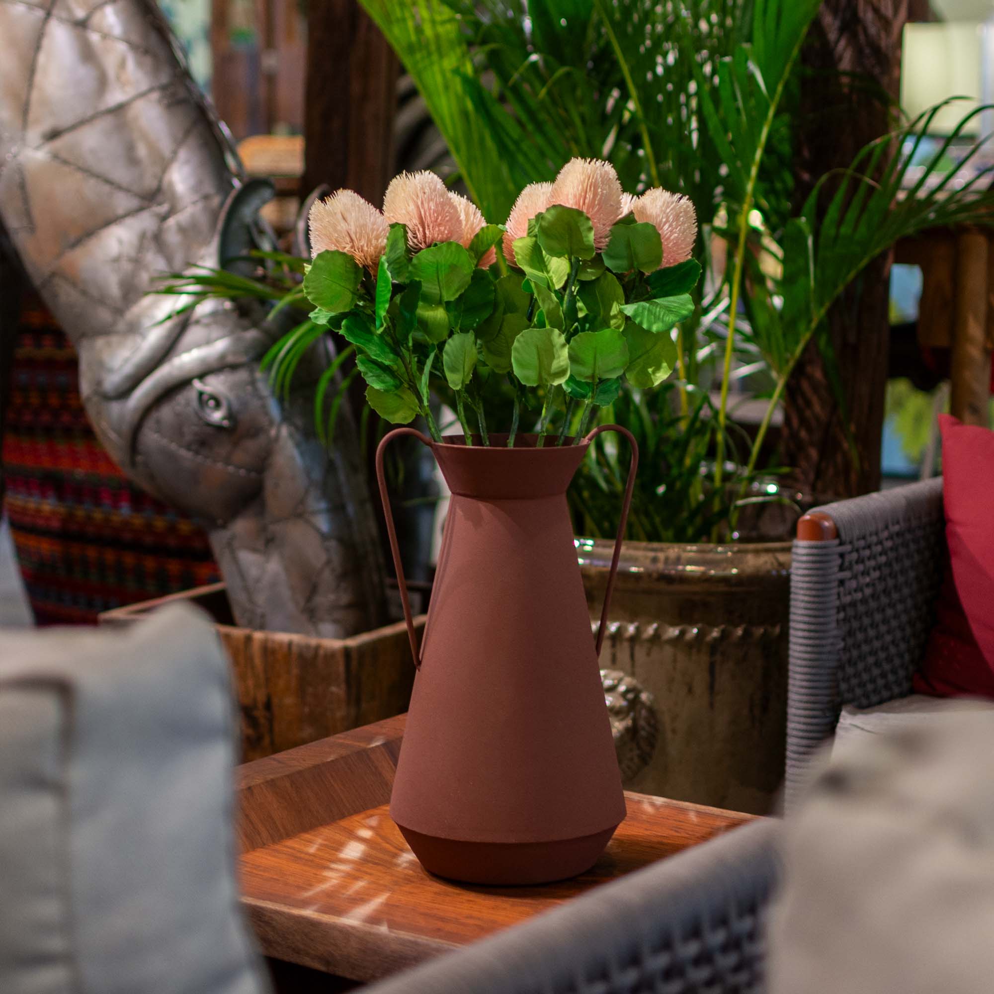 Faux Banksia Flower With Foliage in Pink