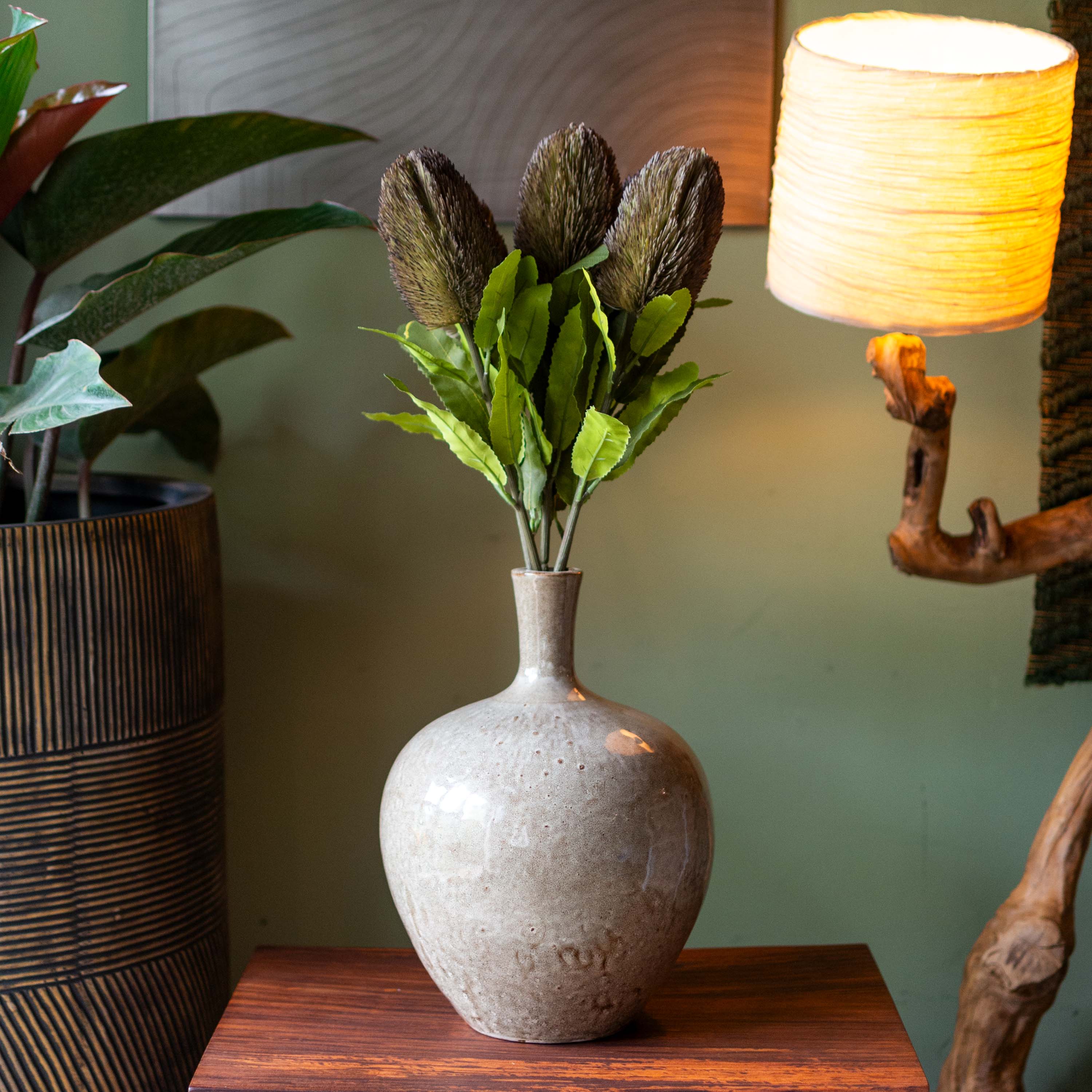 Faux Banksia Flower With Foliage in Grey