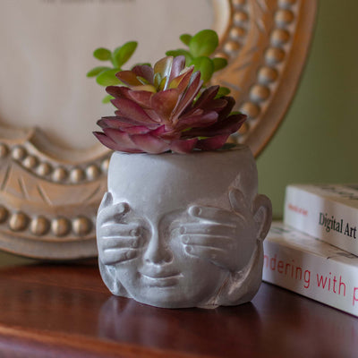 See No Evil Pot With Faux Succulent