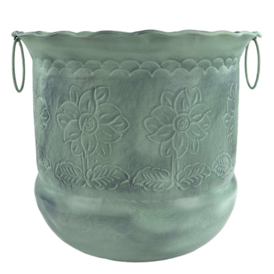 Planter Etched Green Patina Floral