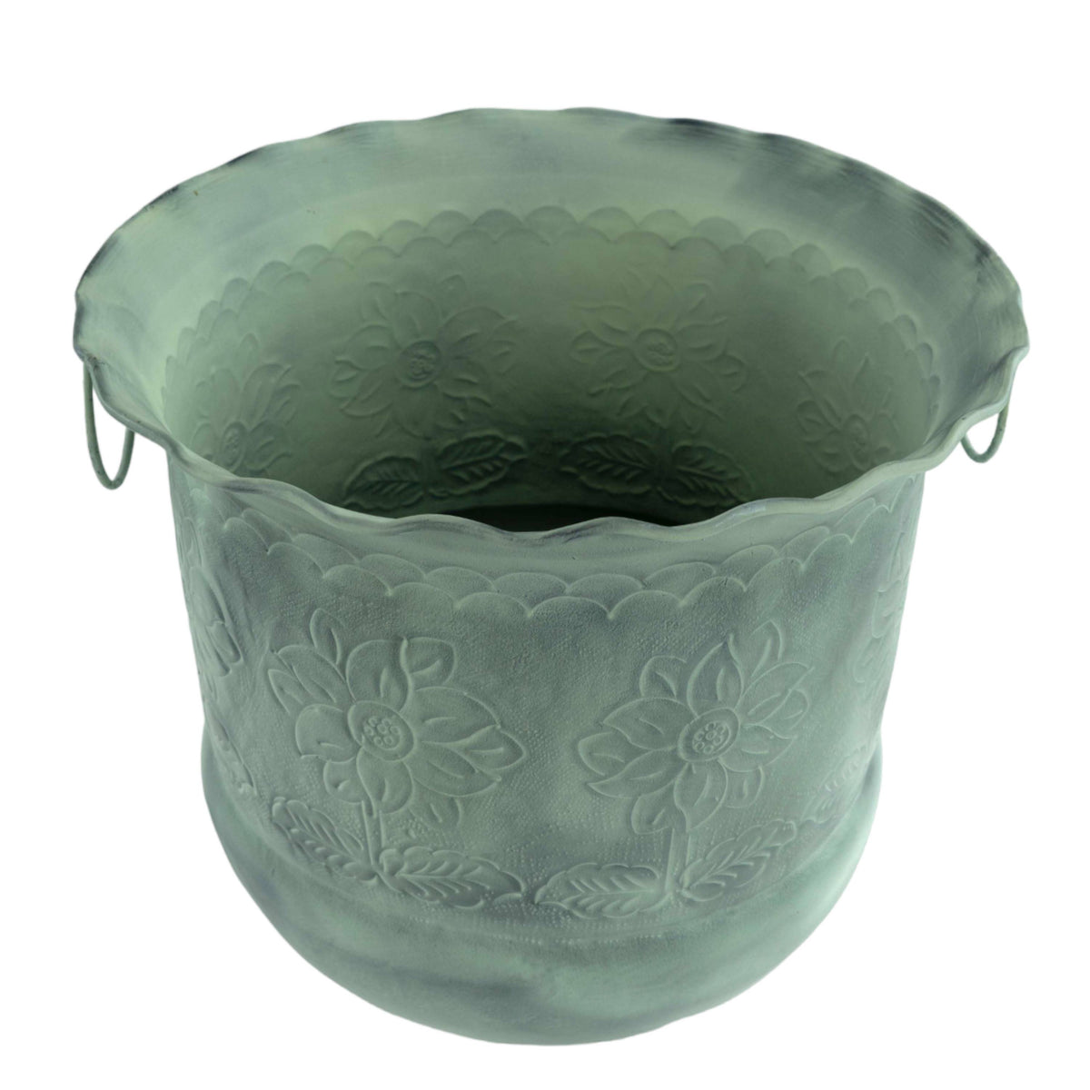 Planter Etched Green Patina Floral