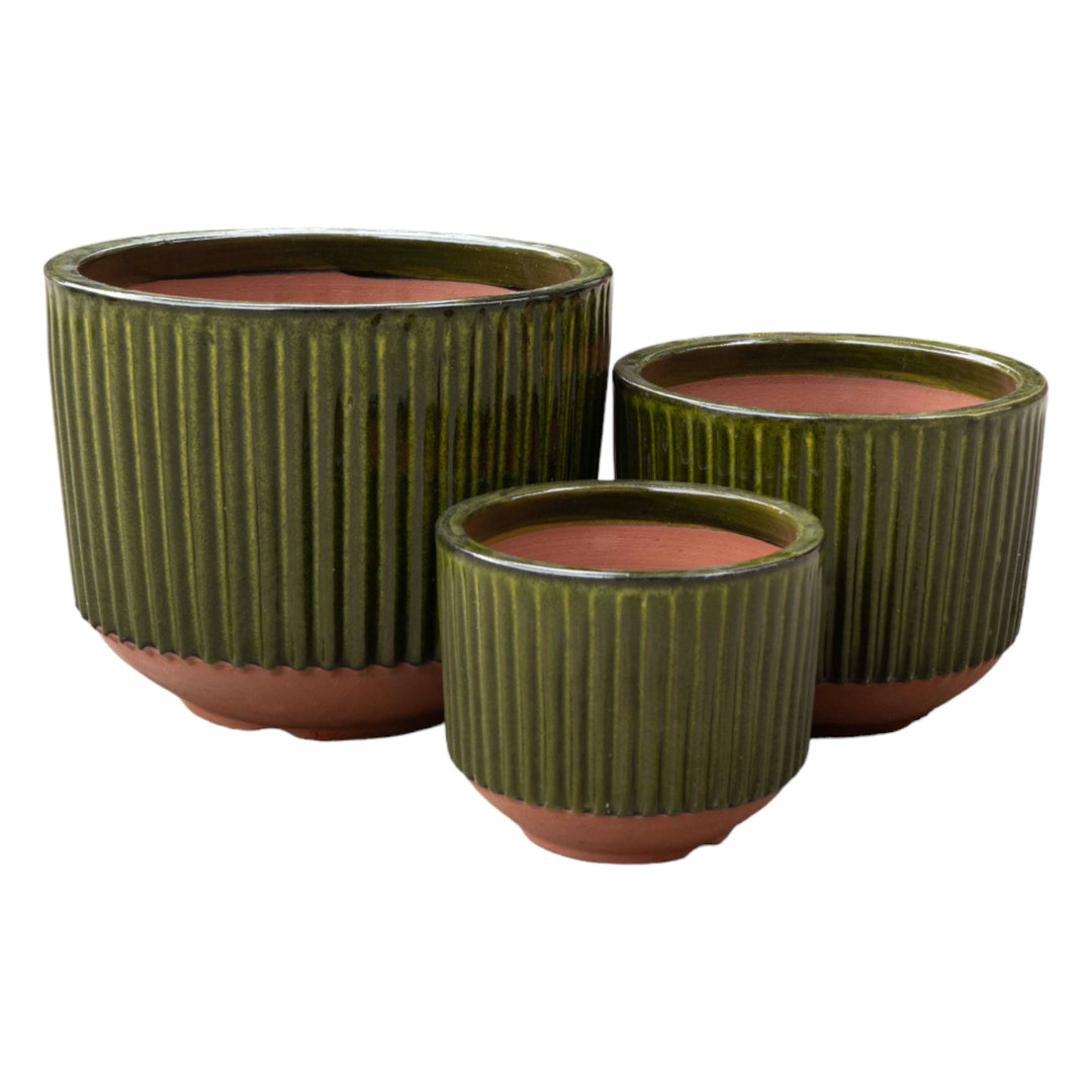 Fluted Olive Ceramic Round Pot