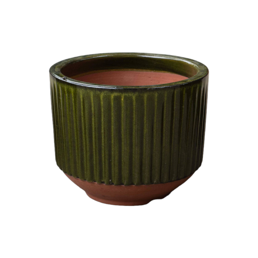 Fluted Olive Ceramic Round Pot