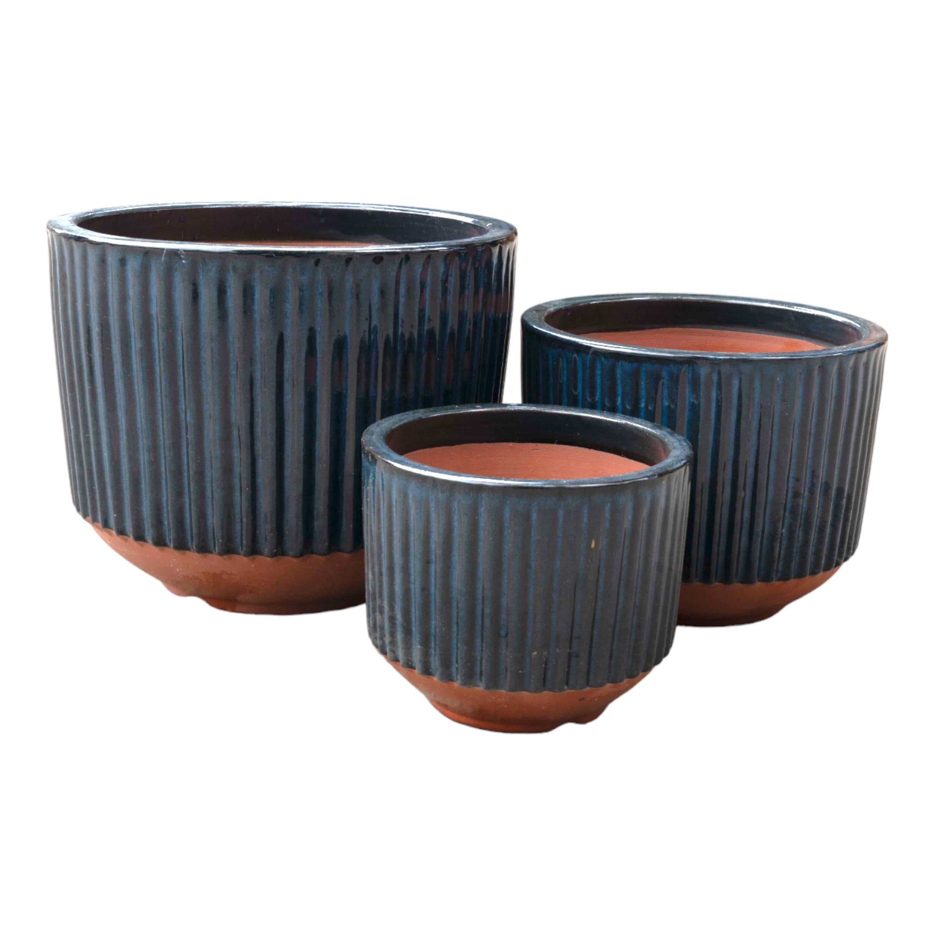 Fluted Blue Ceramic Round Pot