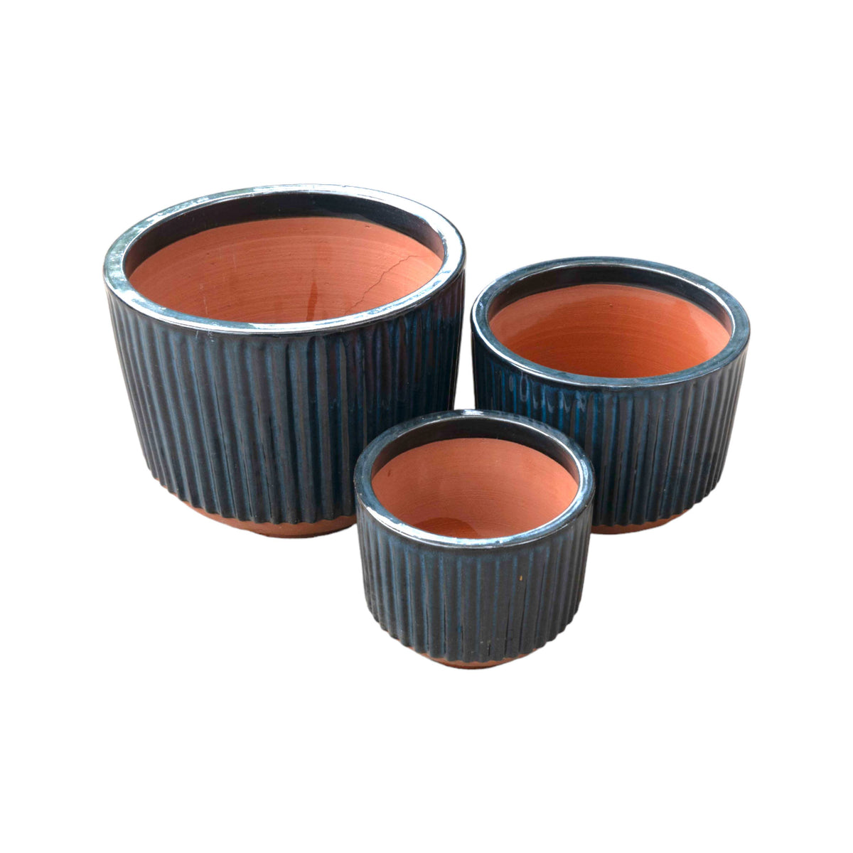 Fluted Blue Ceramic Round Pot