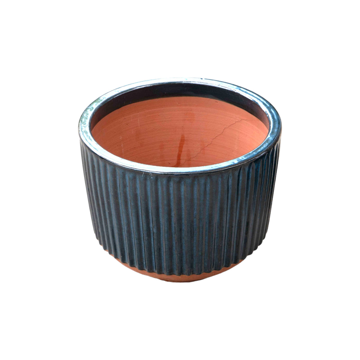 Fluted Blue Ceramic Round Pot