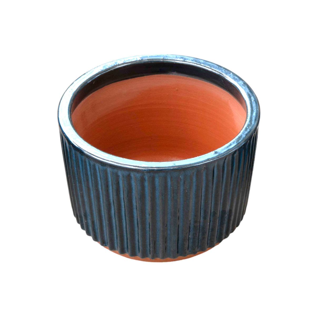 Fluted Blue Ceramic Round Pot