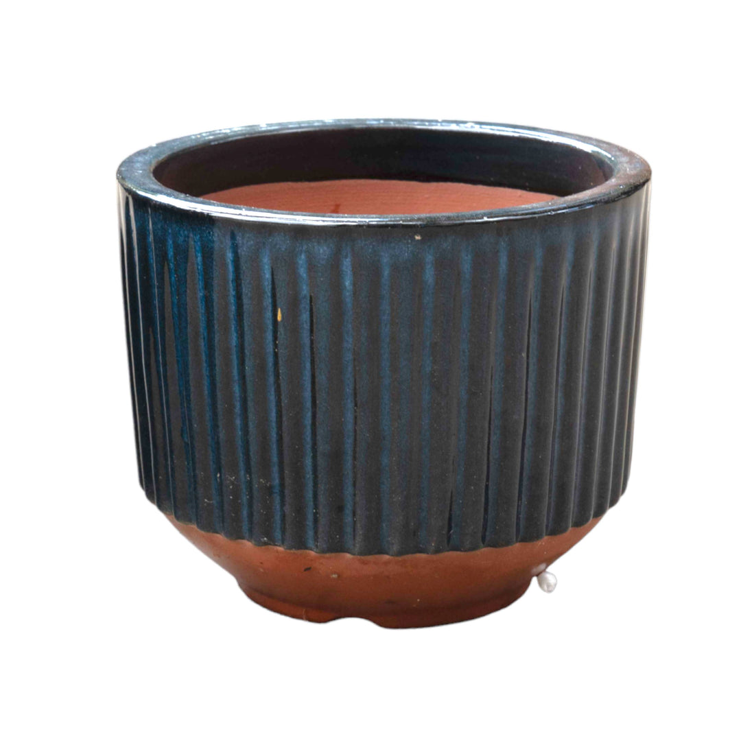 Fluted Blue Ceramic Round Pot