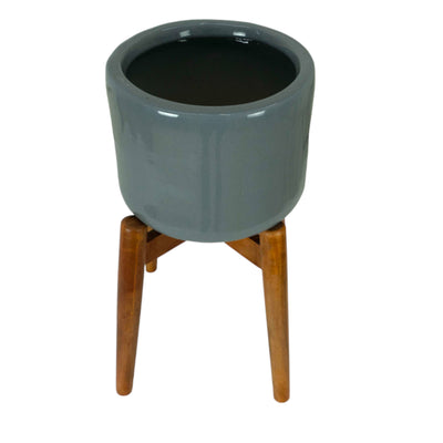 Crimson Sky Grey Planter With Wooden Stand