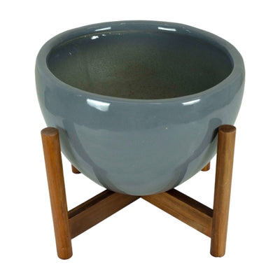 Echoing Eternity Fat Grey Planter with Wooden Stand