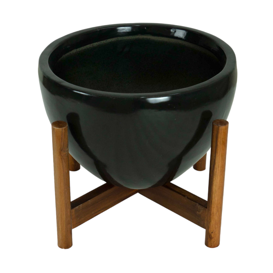 Echoing Eternity Fat Black Planter with Wooden Stand