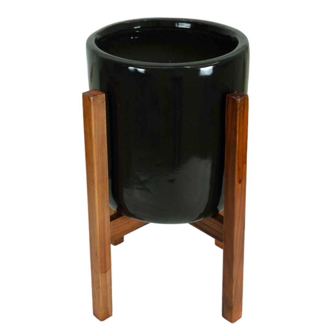 Gleaming Stars Black Planter with Wooden Stand