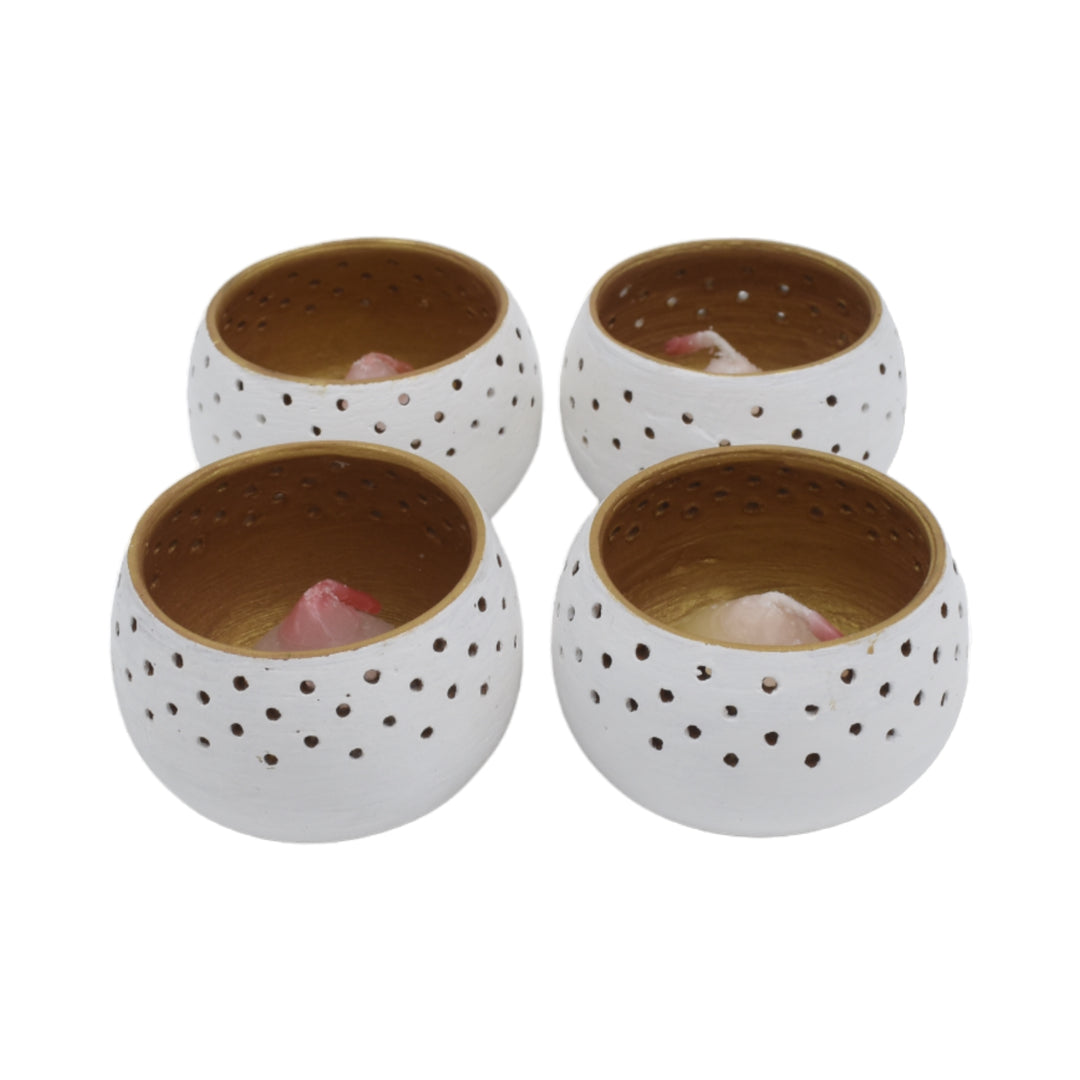 Round Terracotta Tea Light White Pots (Set of 4)