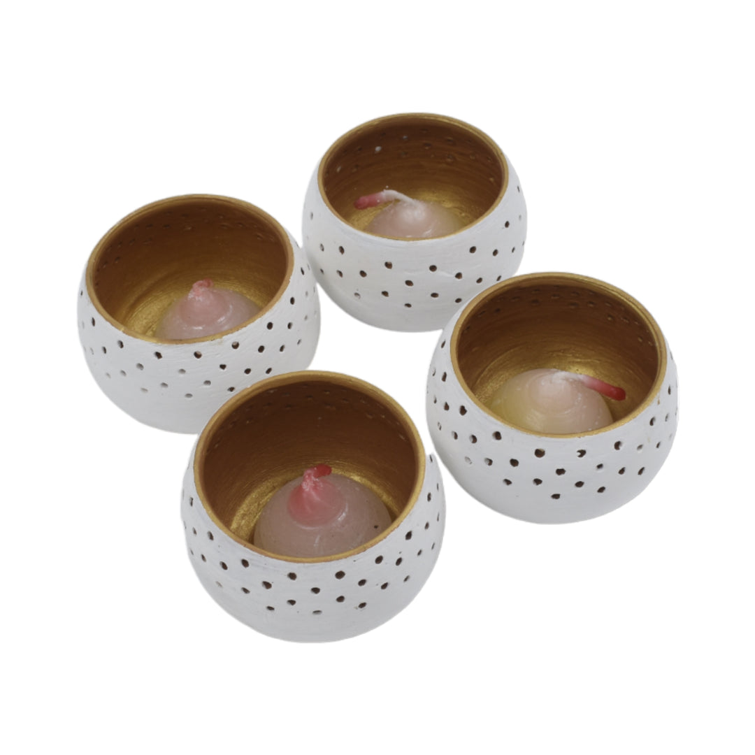 Round Terracotta Tea Light White Pots (Set of 4)