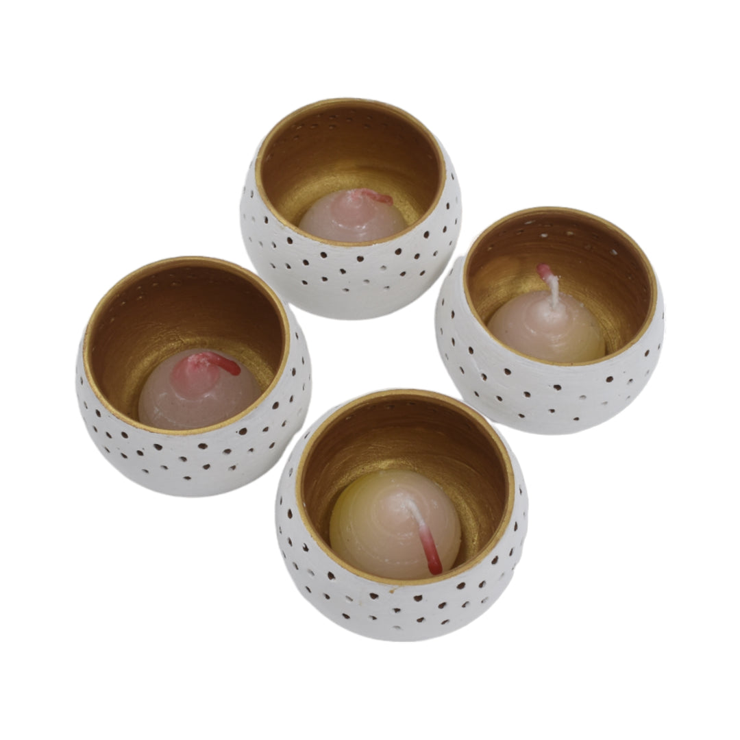 Round Terracotta Tea Light White Pots (Set of 4)