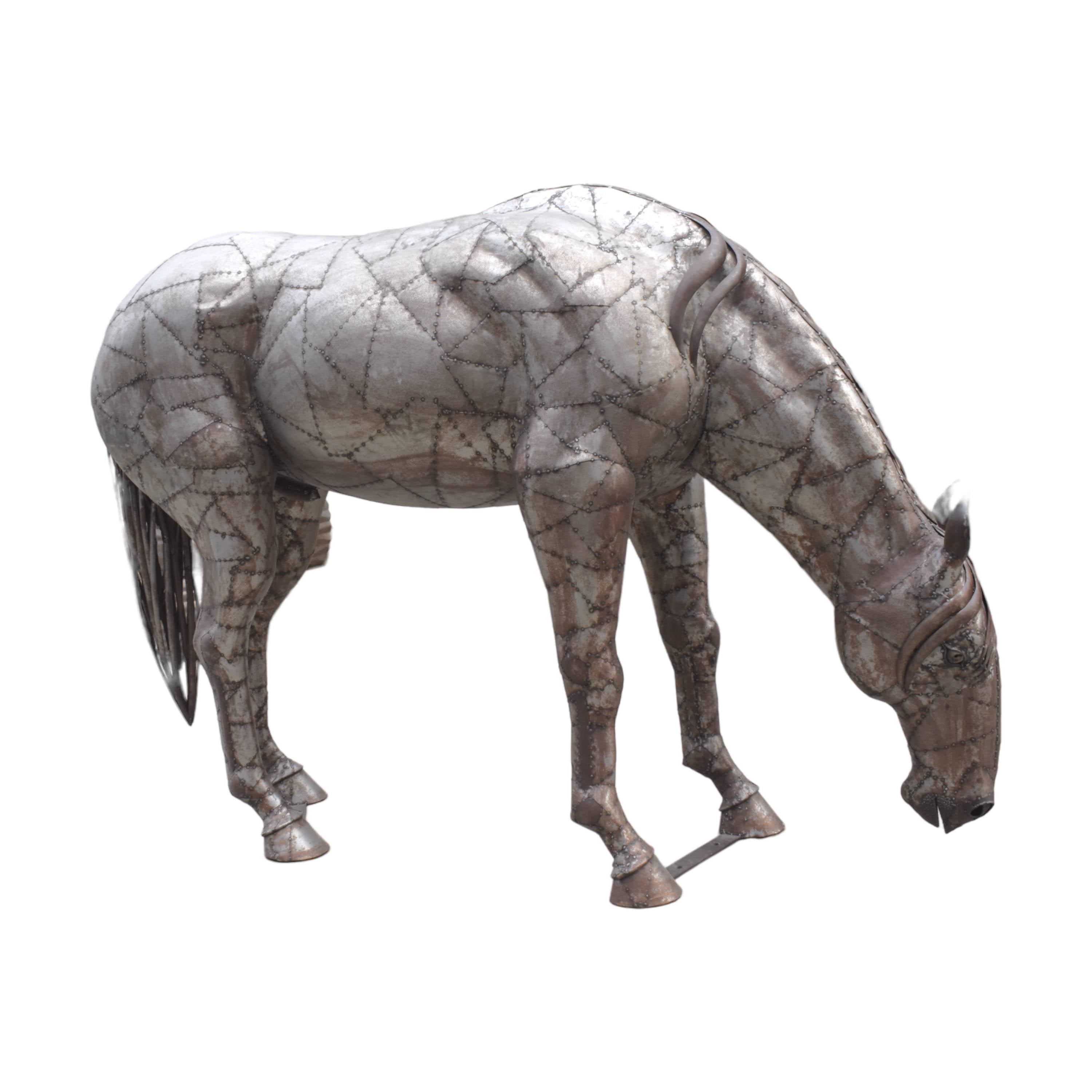 Silver Grazing Horse Statue