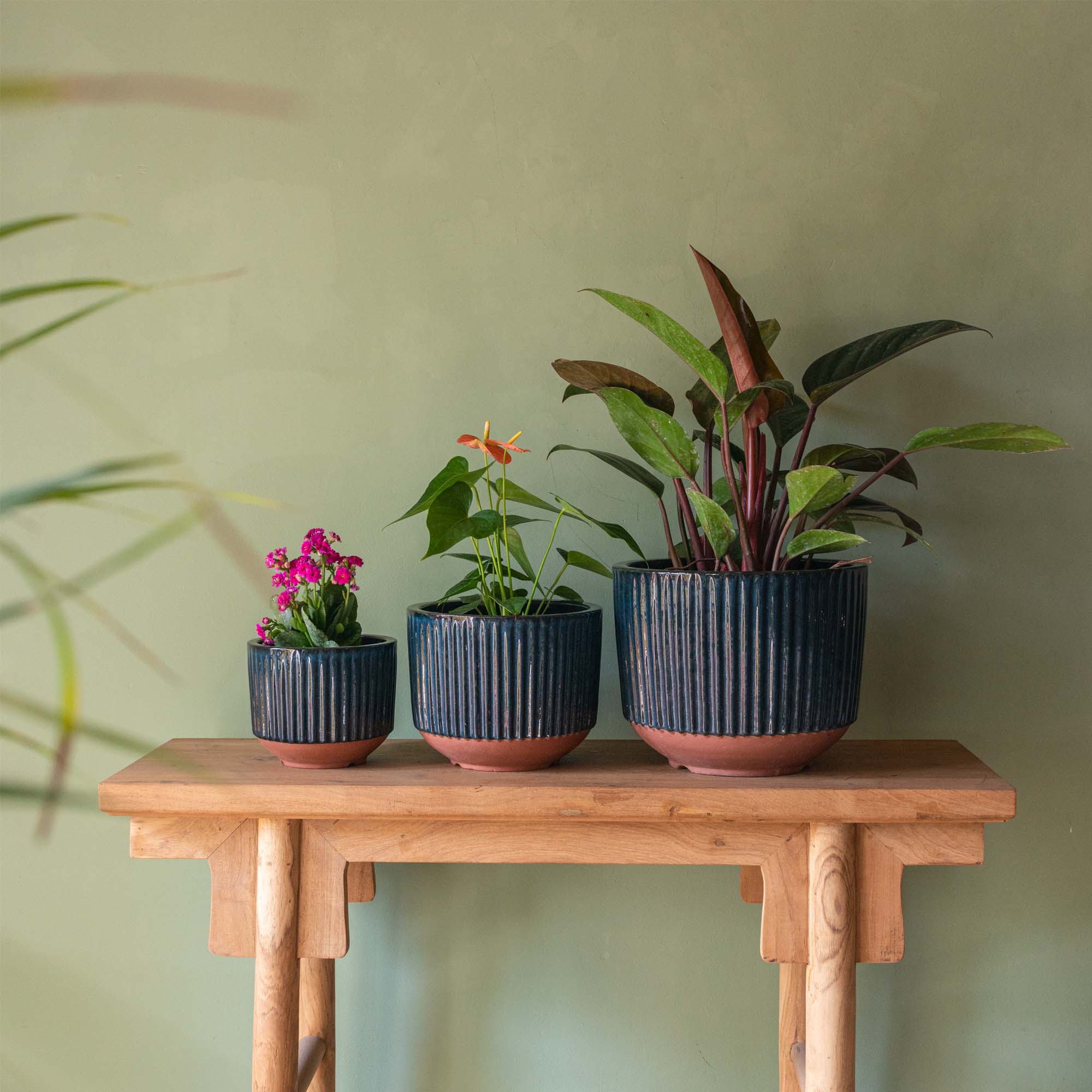 Fluted Blue Ceramic Round Pot