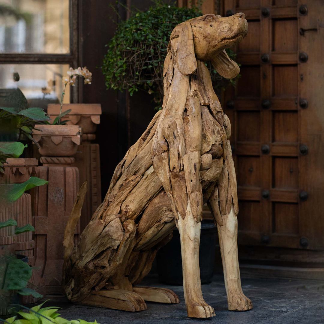 Handcarved Teak Wood Dog Sculpture