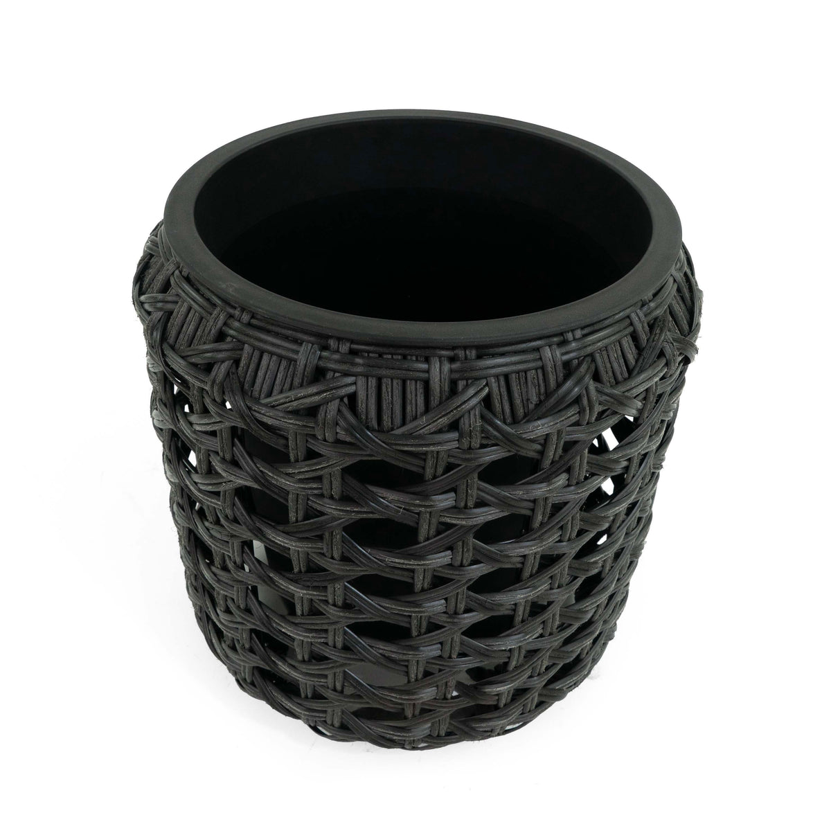 Flat Wicker Round Planter Black