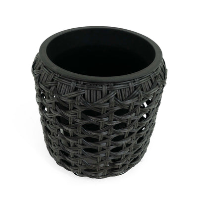 Flat Wicker Round Planter Black