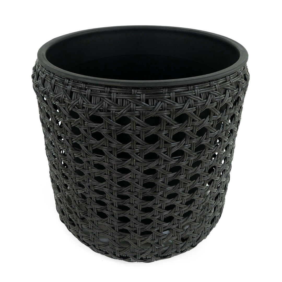 Flat Wicker Round Planter Black