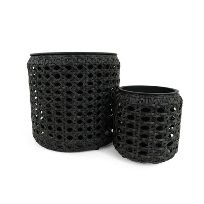 Flat Wicker Round Planter Black