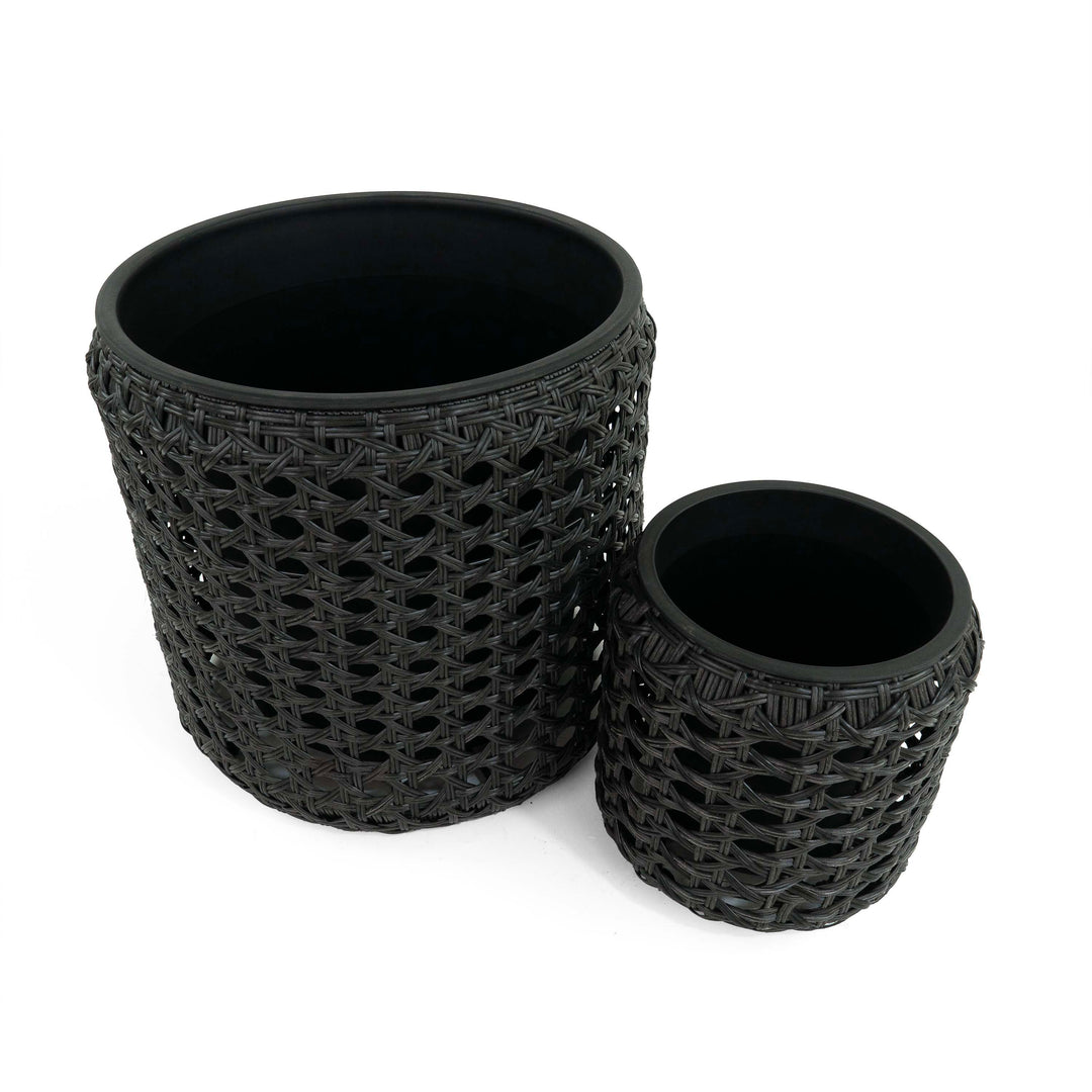 Flat Wicker Round Planter Black