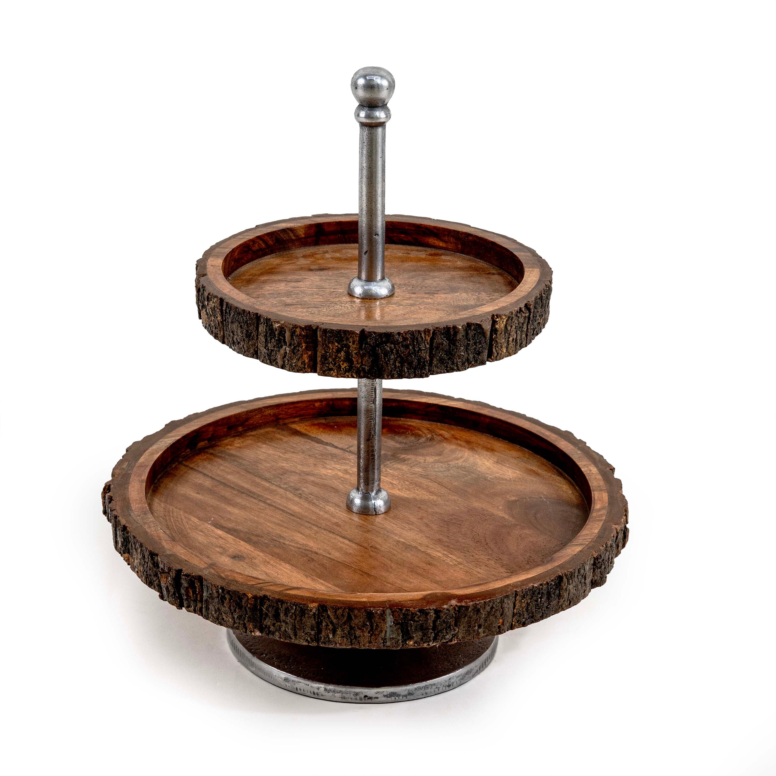 MIREN 2 TIER WOODEN CAKE STAND WITH METAL HANDLE