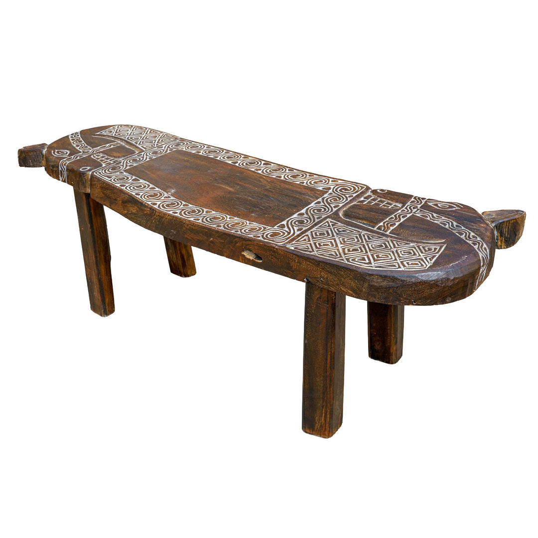 Horse Motif Handcarved Wooden Bench
