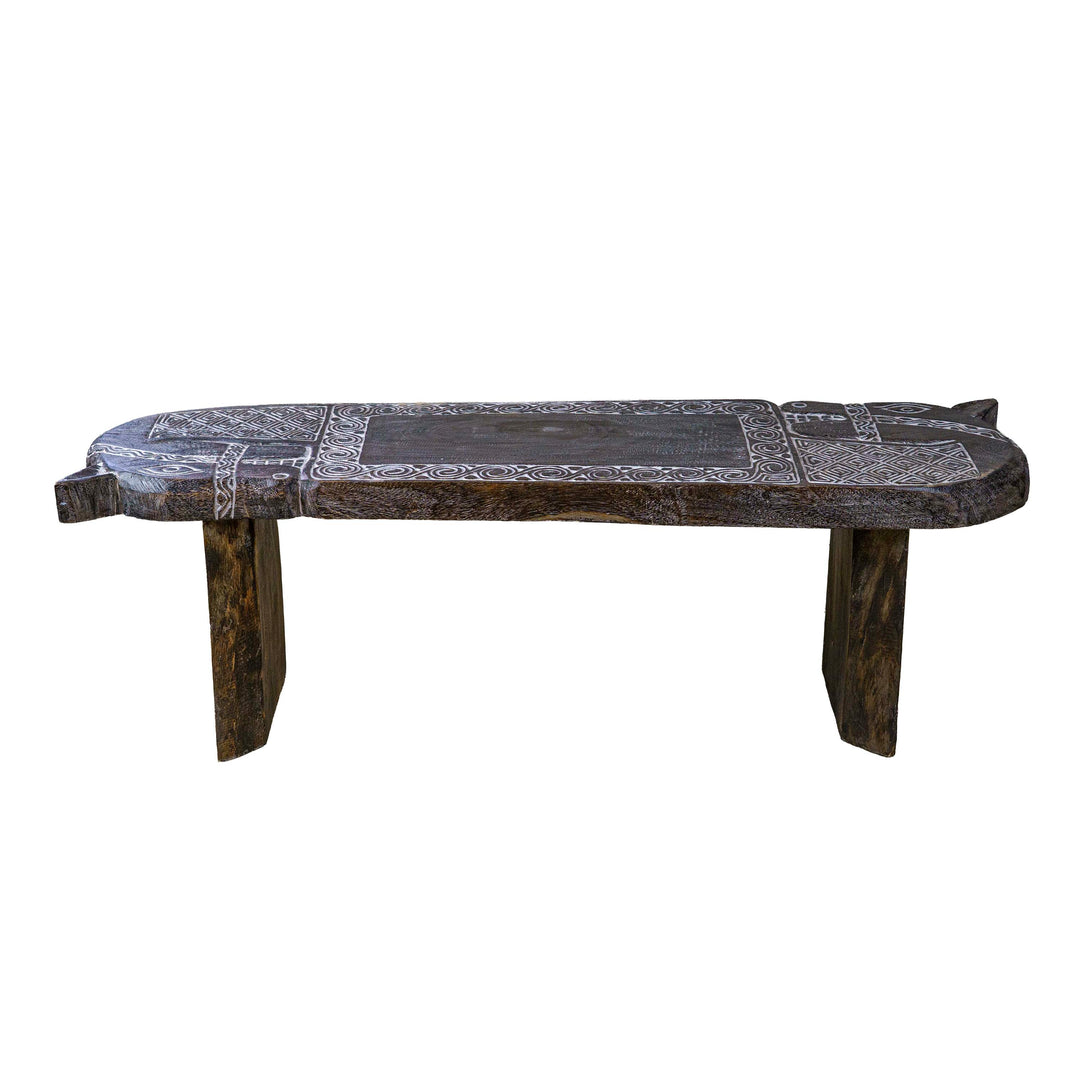 Horse Motif Handcarved Wooden Bench