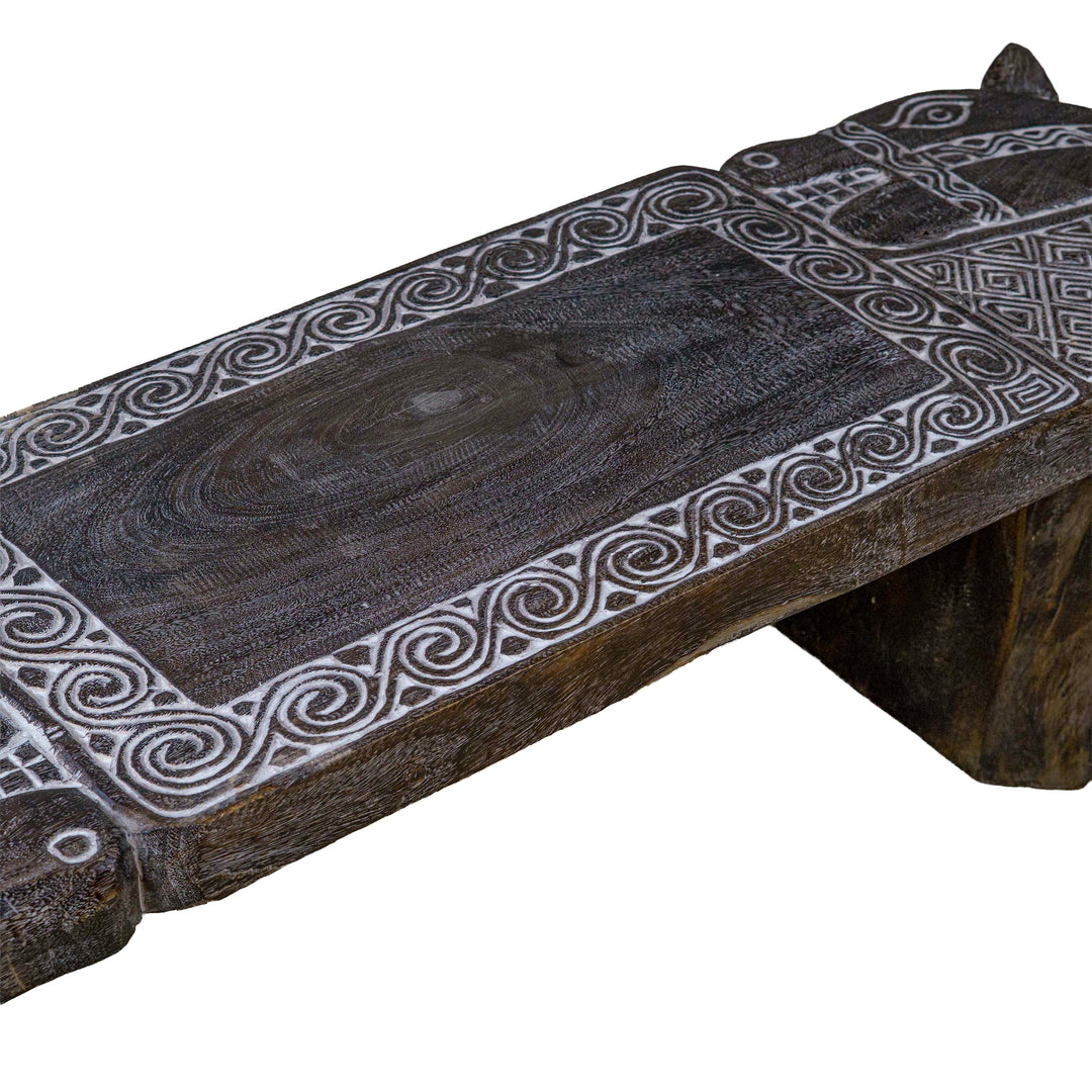Horse Motif Handcarved Wooden Bench
