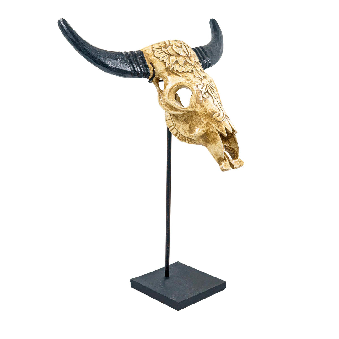 Handcarved Wood Bull Head With Stand
