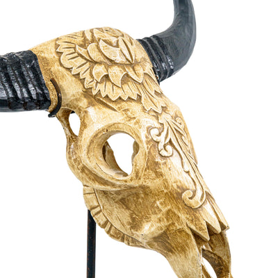 Handcarved Wood Bull Head With Stand
