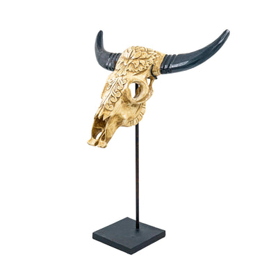Handcarved Wood Bull Head With Stand