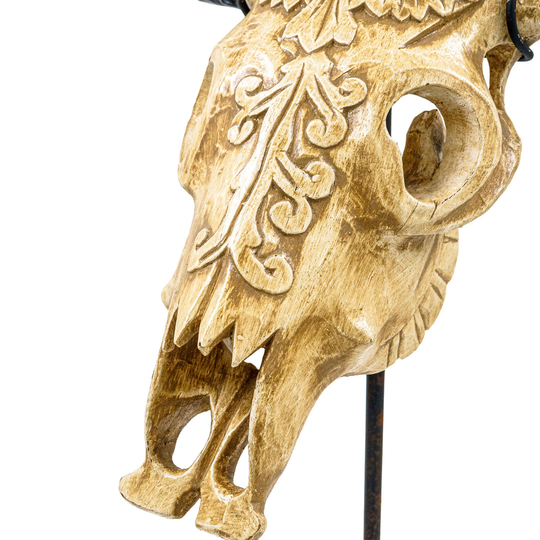 Handcarved Wood Bull Head With Stand