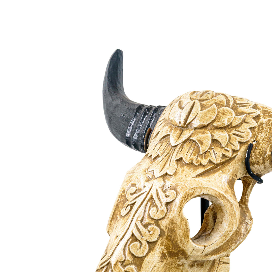Handcarved Wood Bull Head With Stand