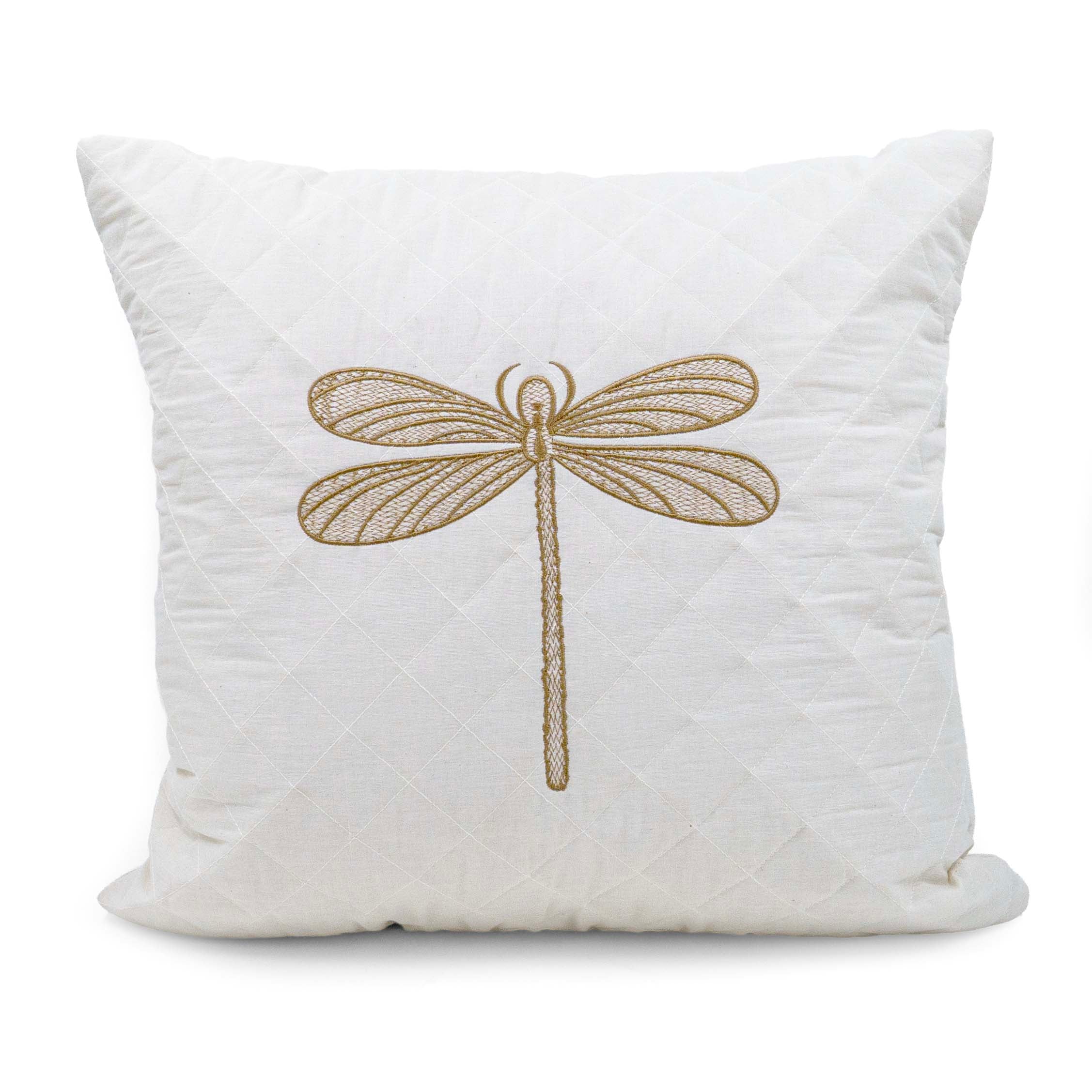 Embroidered Quilted Dragonfly Motif Cushion Cover