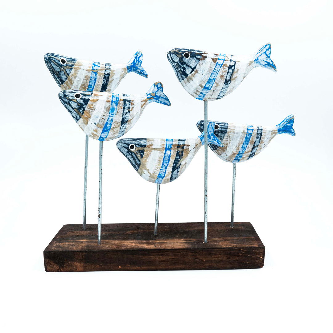 Albizia Wooden Five Fishes Sculpture On Stand