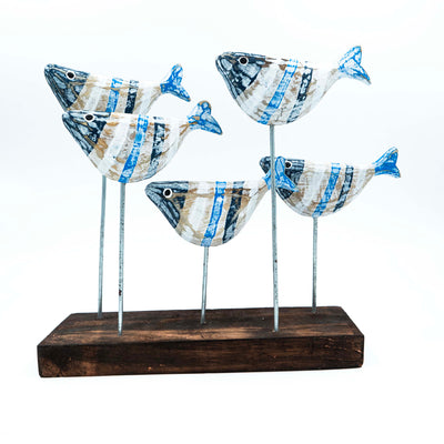 Albizia Wooden Five Fishes Sculpture On Stand