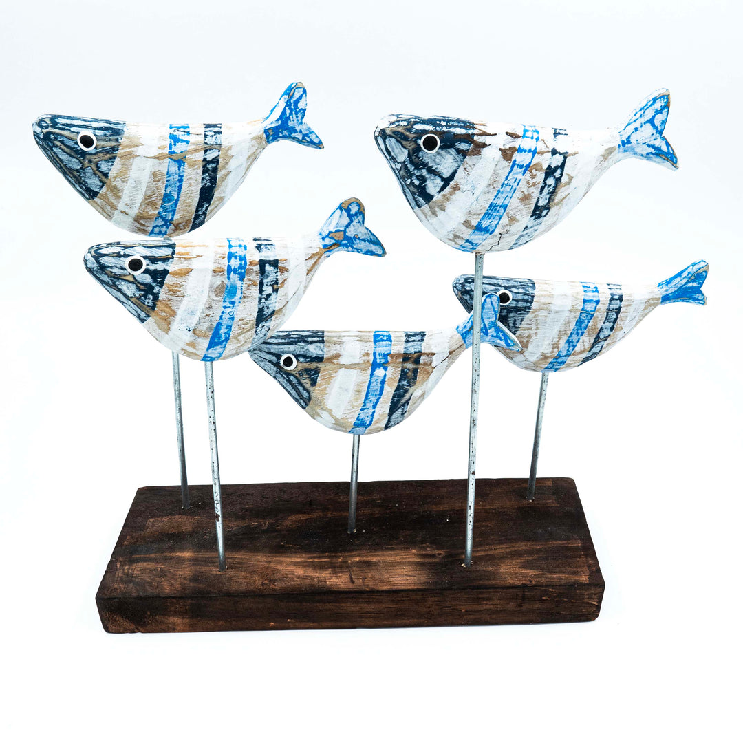 Albizia Wooden Five Fishes Sculpture On Stand