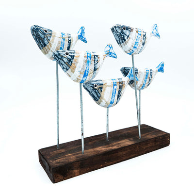 Albizia Wooden Five Fishes Sculpture On Stand